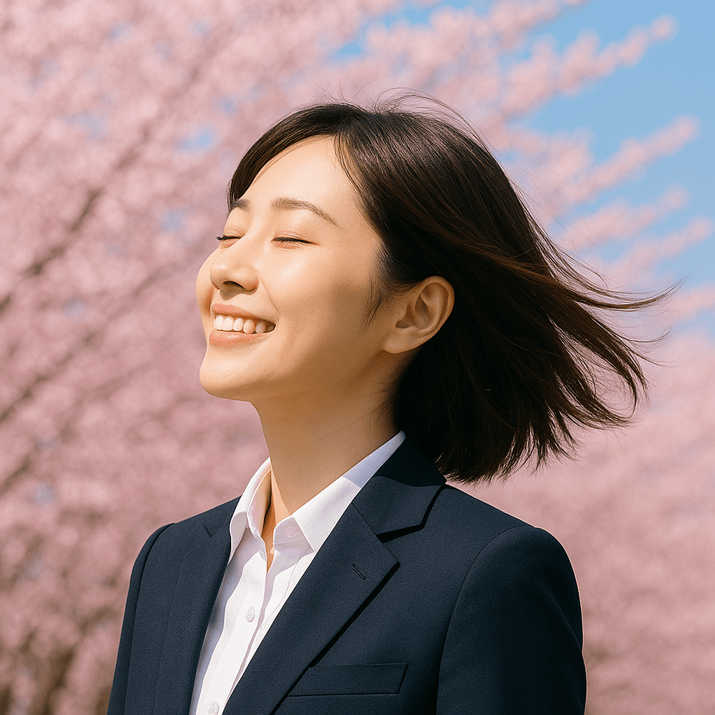 屋外でそよ風に当たりながら髪が揺れ陽の光に笑顔な女性の横顔