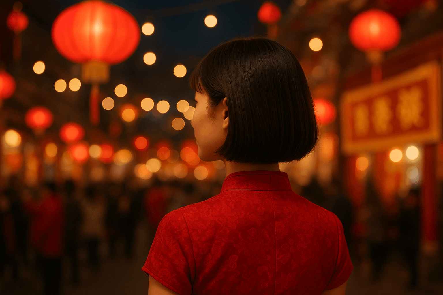 旧正月の夜を楽しむ中国女性の後ろ姿